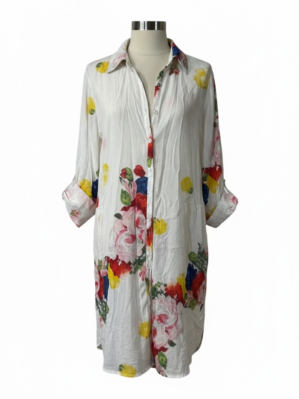 White Floral Button-Front Swim Coverup